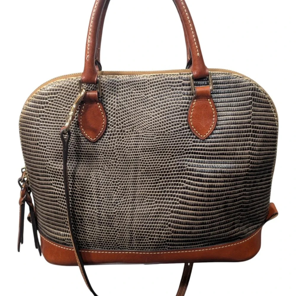 Dooney and Bourke Snake Skin Embossed Leather Satchel Dome Bag Grey Brown Strap